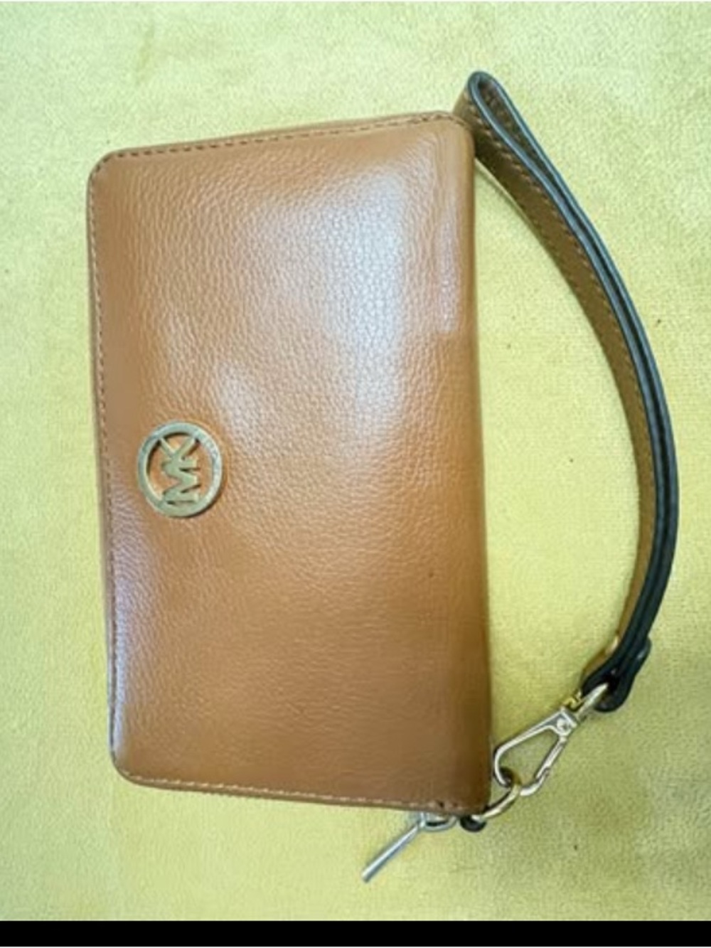 Michael Kors Tan Brown Leather Wristlet with Black Strap